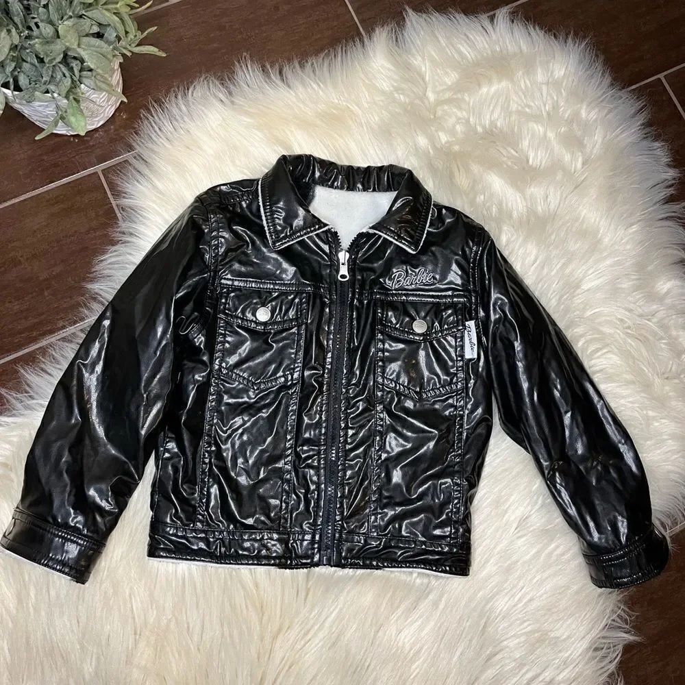 Barbie faux black leather/cow print biker reversible jacket sz5